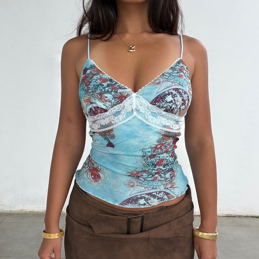 Damen Spaghetti-Trägershirt mit floralen Muster und zarter Spitzenverzierung R&B