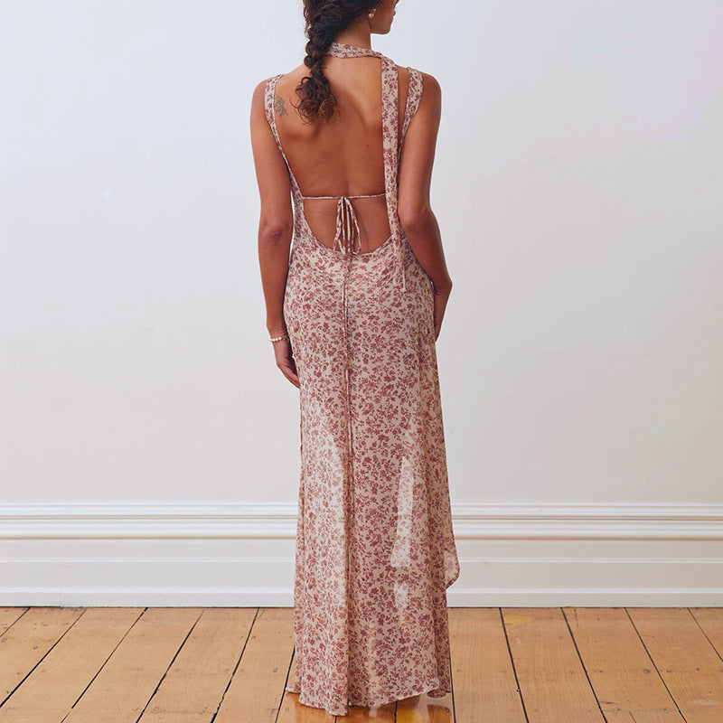 Damen Floral Maxi-Strandkleid mit attraktiven Schlitzdetails und Rückenband R&B