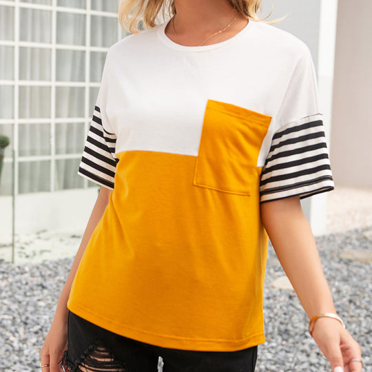 Damen modisches T-Shirt mit gestreiften Ärmeln und aufgesetzter Tasche R&B
