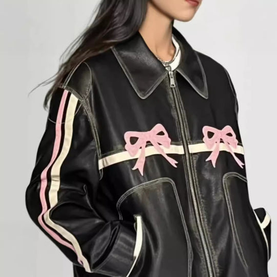 Damen lässige Kunstlederjacke mit verspielten Schleifendetails R&B