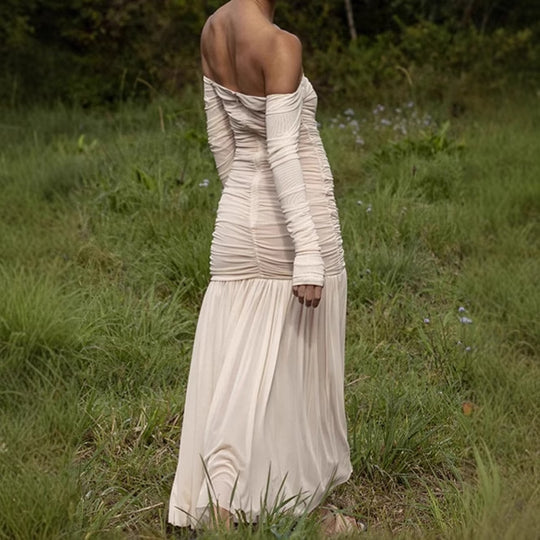 Damen Elegantes Off-Shoulder Maxikleid mit figurbetontem Design und fließendem Rock R&B