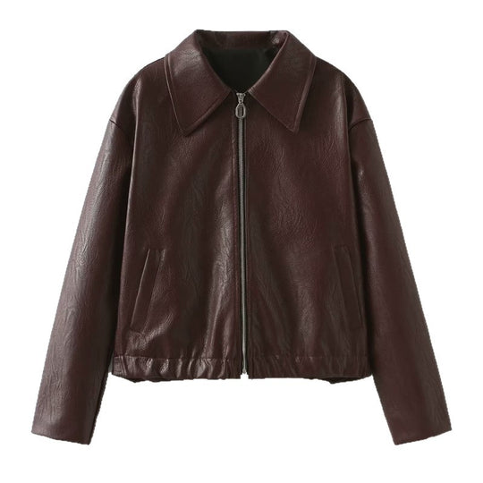 Damen modische Kunstlederjacke mit schlichter Eleganz und praktischen Taschen R&B