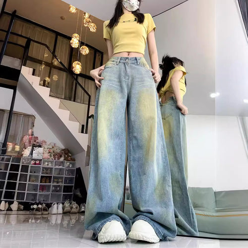 Damen weite High-Waist Jeans im lässigen Stil mit individuellen Waschungen R&B