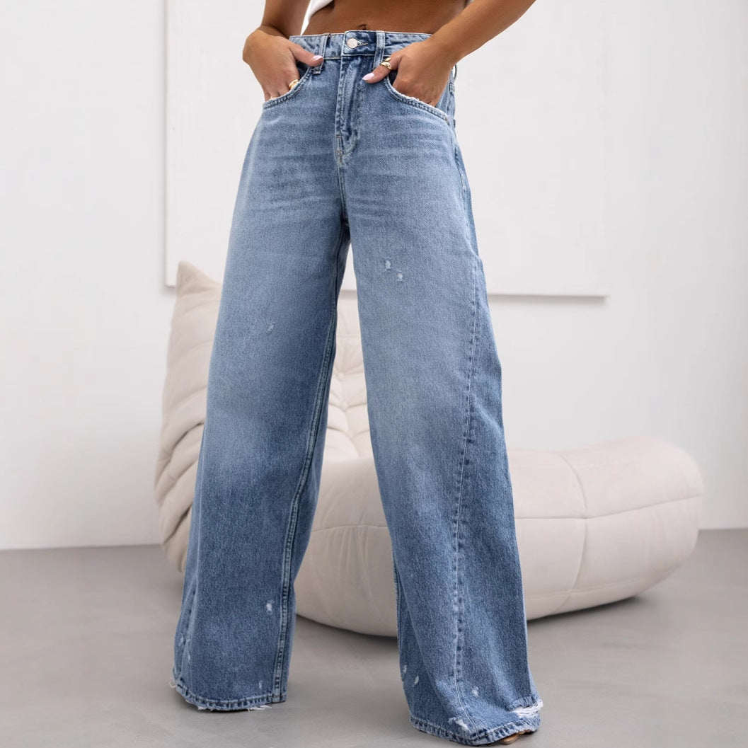 Damen Weite Jeans im Vintage-Stil mit hohen Taschen und trendigen Used-Effekten R&B