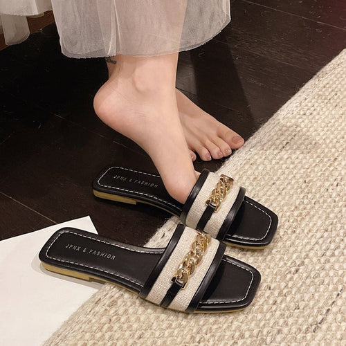 Damen elegante Riemchen-Pantoletten mit glänzendem Kettenakzent R&B