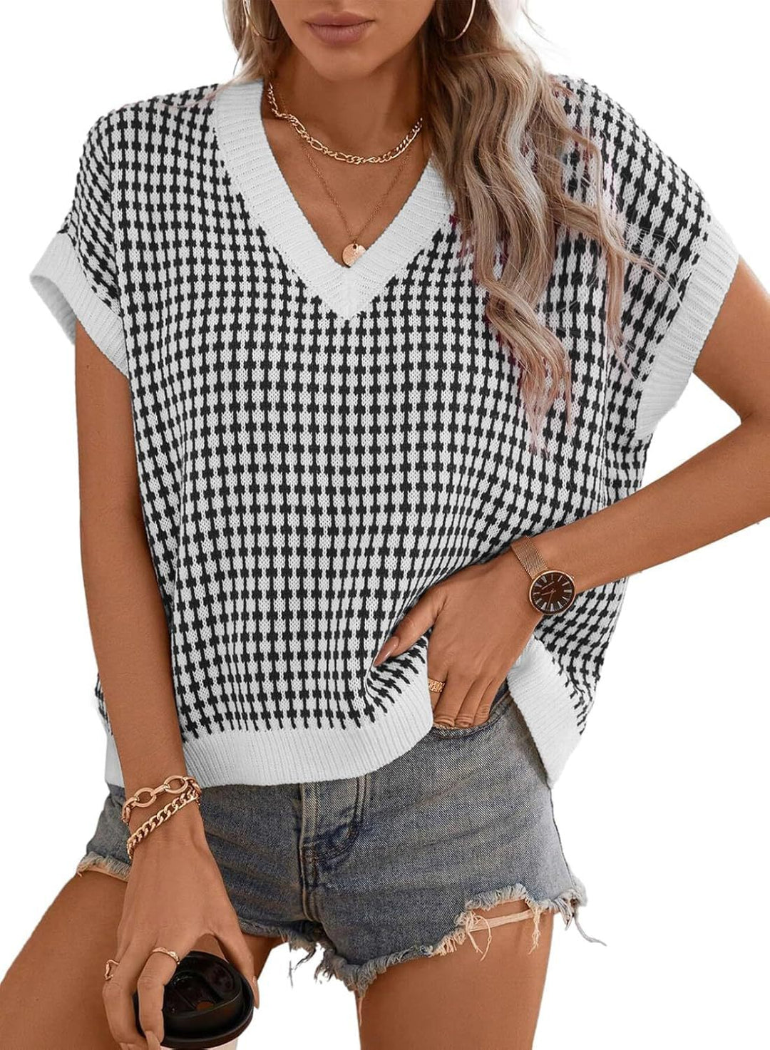 Damen lässiger V-Ausschnitt Pullover mit geometrischem Muster R&B