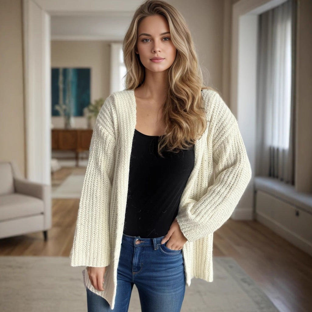 Damen lässige Strickjacke mit offenen Fronten und voluminösen Ärmeln R&B