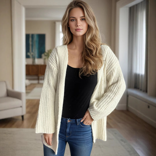 Damen lässige Strickjacke mit offenen Fronten und voluminösen Ärmeln R&B