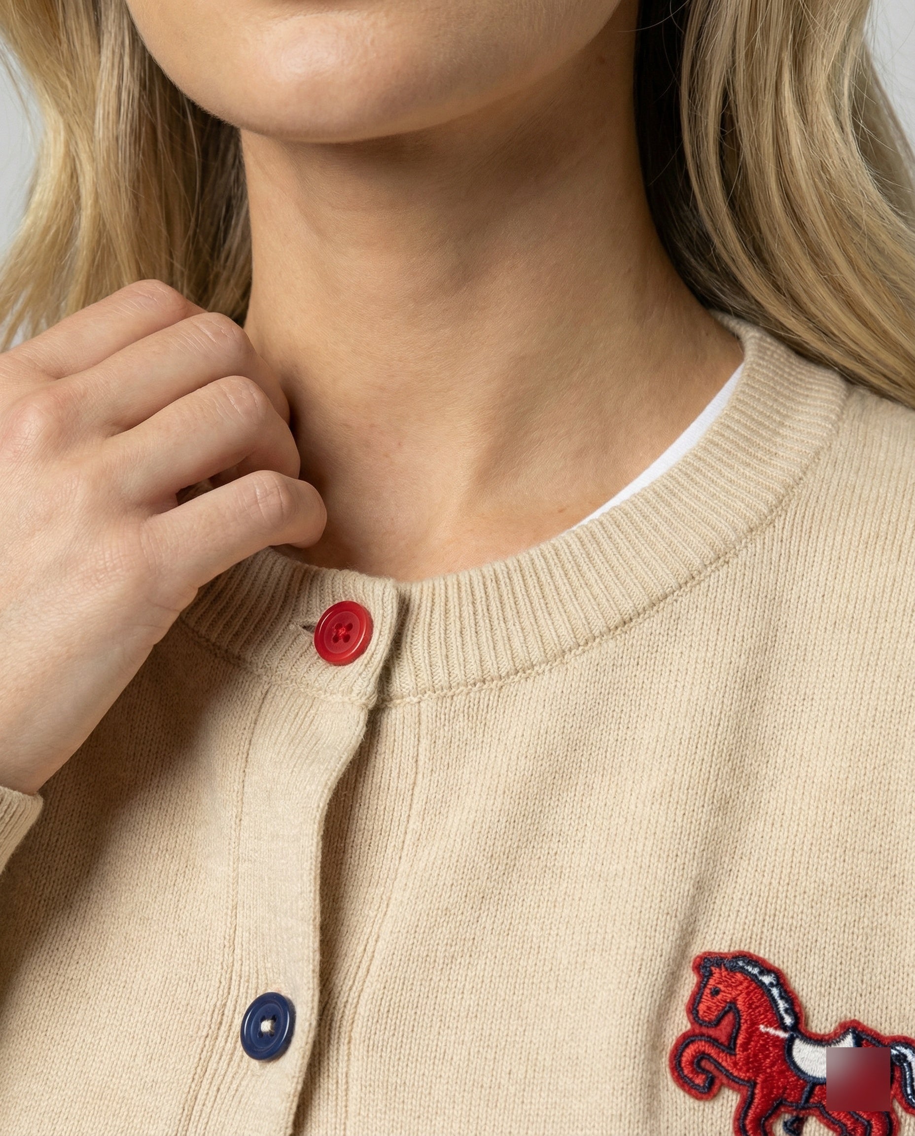 Damen Feinstrickcardigan mit Rundhalsausschnitt, geripptem Saum und Pferde-Applikation R&B