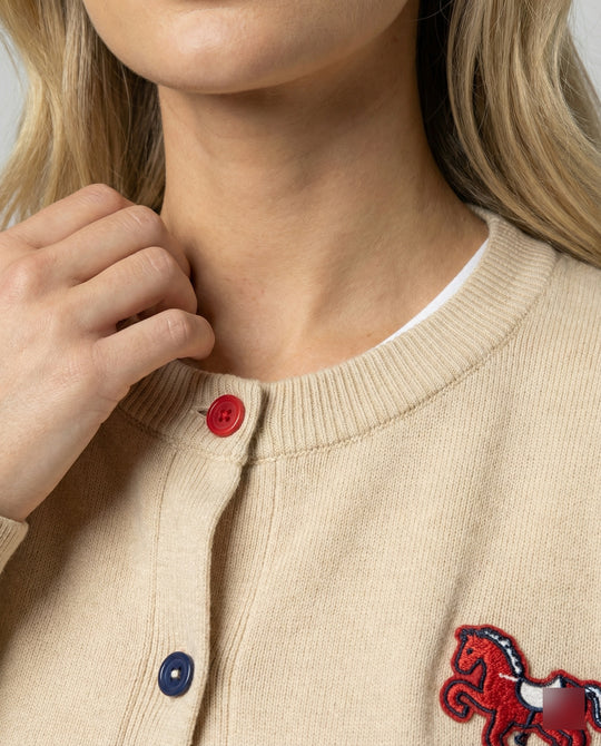 Damen Feinstrickcardigan mit Rundhalsausschnitt, geripptem Saum und Pferde-Applikation R&B