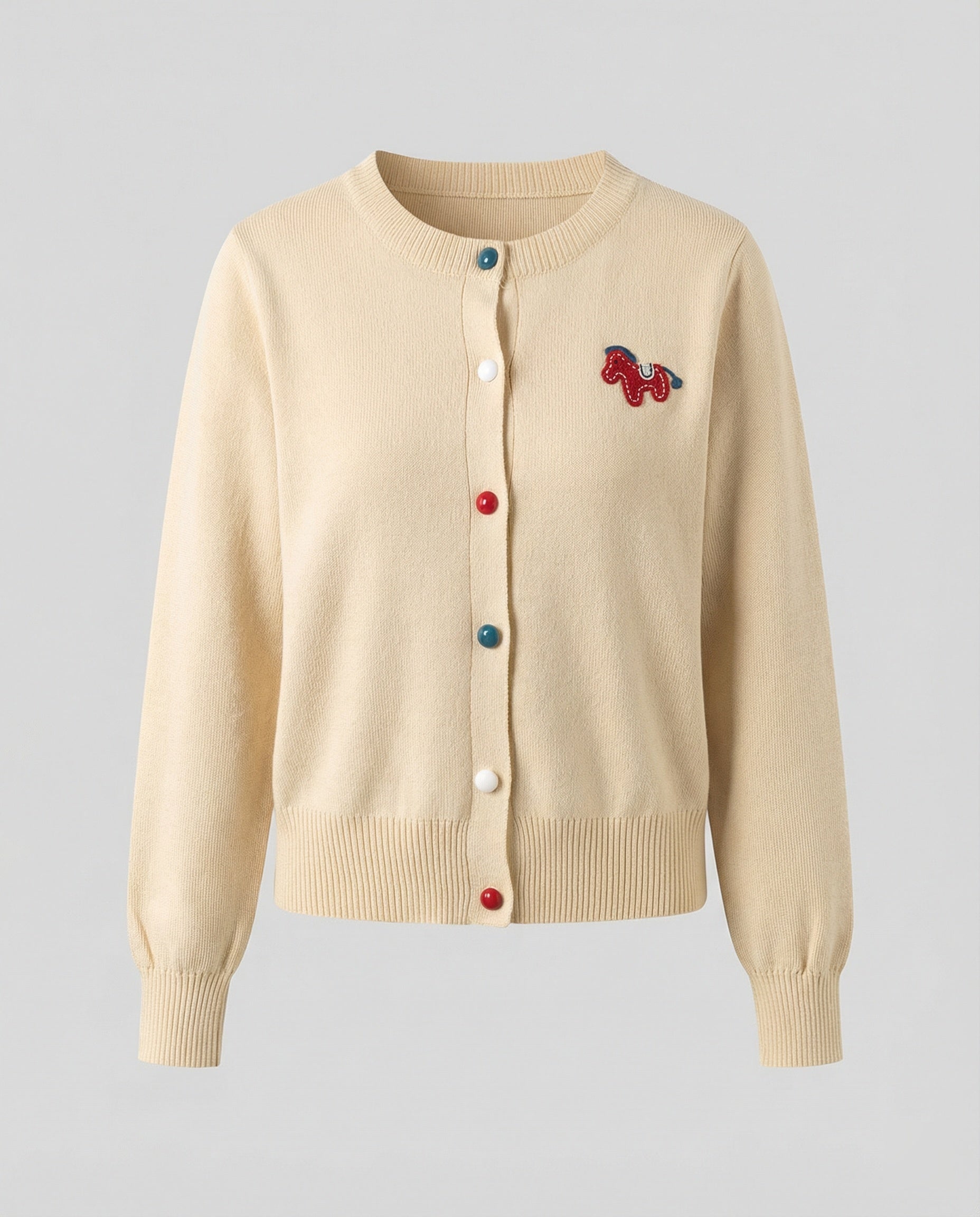 Damen Feinstrickcardigan mit Rundhalsausschnitt, geripptem Saum und Pferde-Applikation R&B