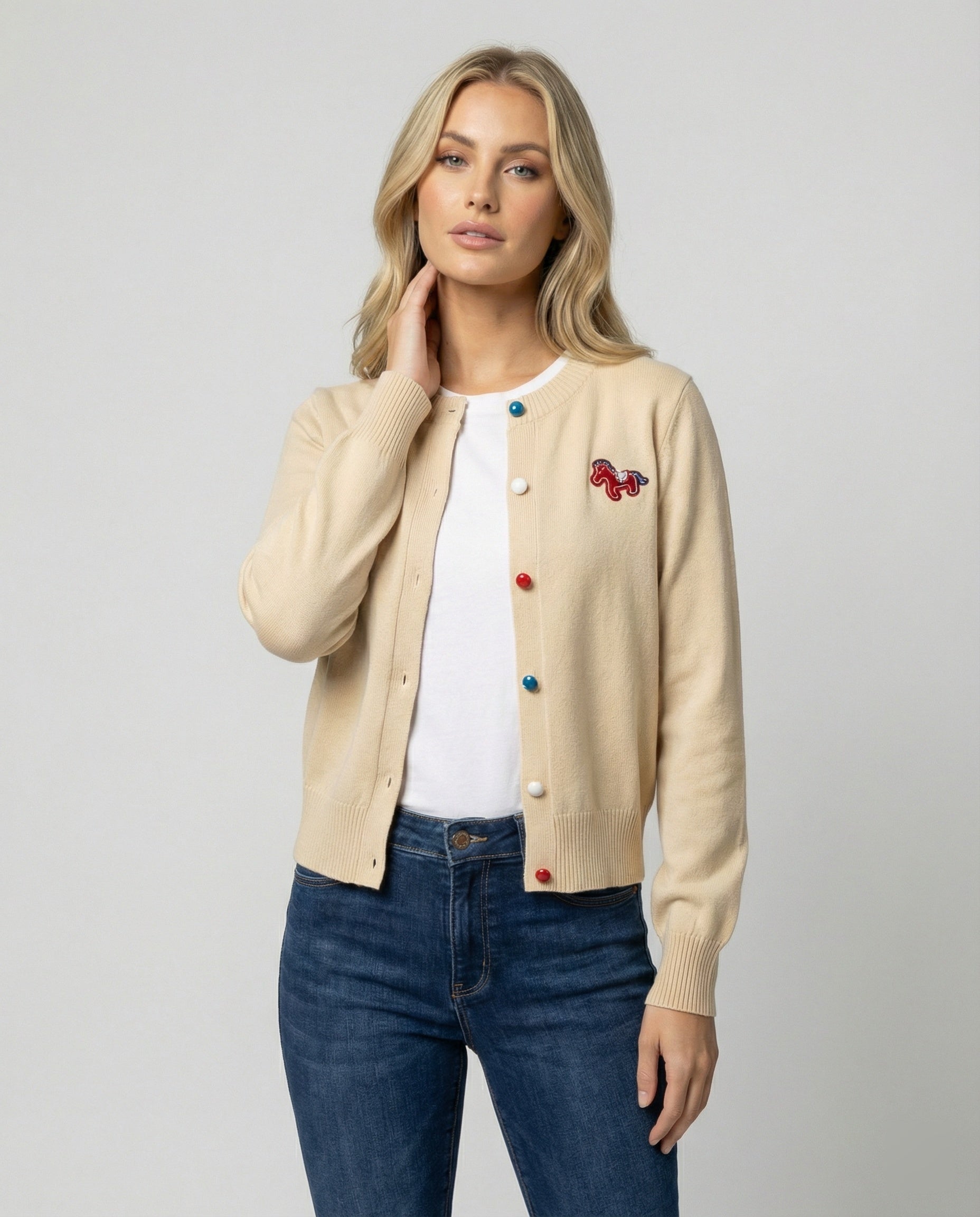 Damen Feinstrickcardigan mit Rundhalsausschnitt, geripptem Saum und Pferde-Applikation R&B