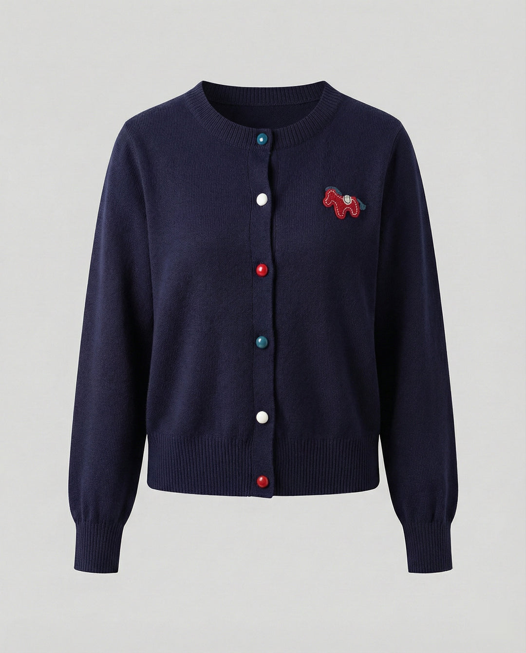 Damen Feinstrickcardigan mit Rundhalsausschnitt, geripptem Saum und Pferde-Applikation R&B