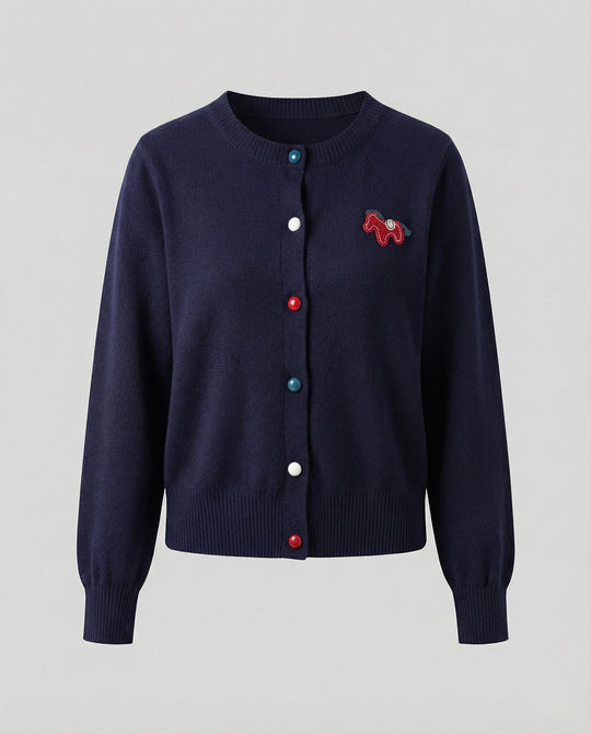 Damen Feinstrickcardigan mit Rundhalsausschnitt, geripptem Saum und Pferde-Applikation R&B