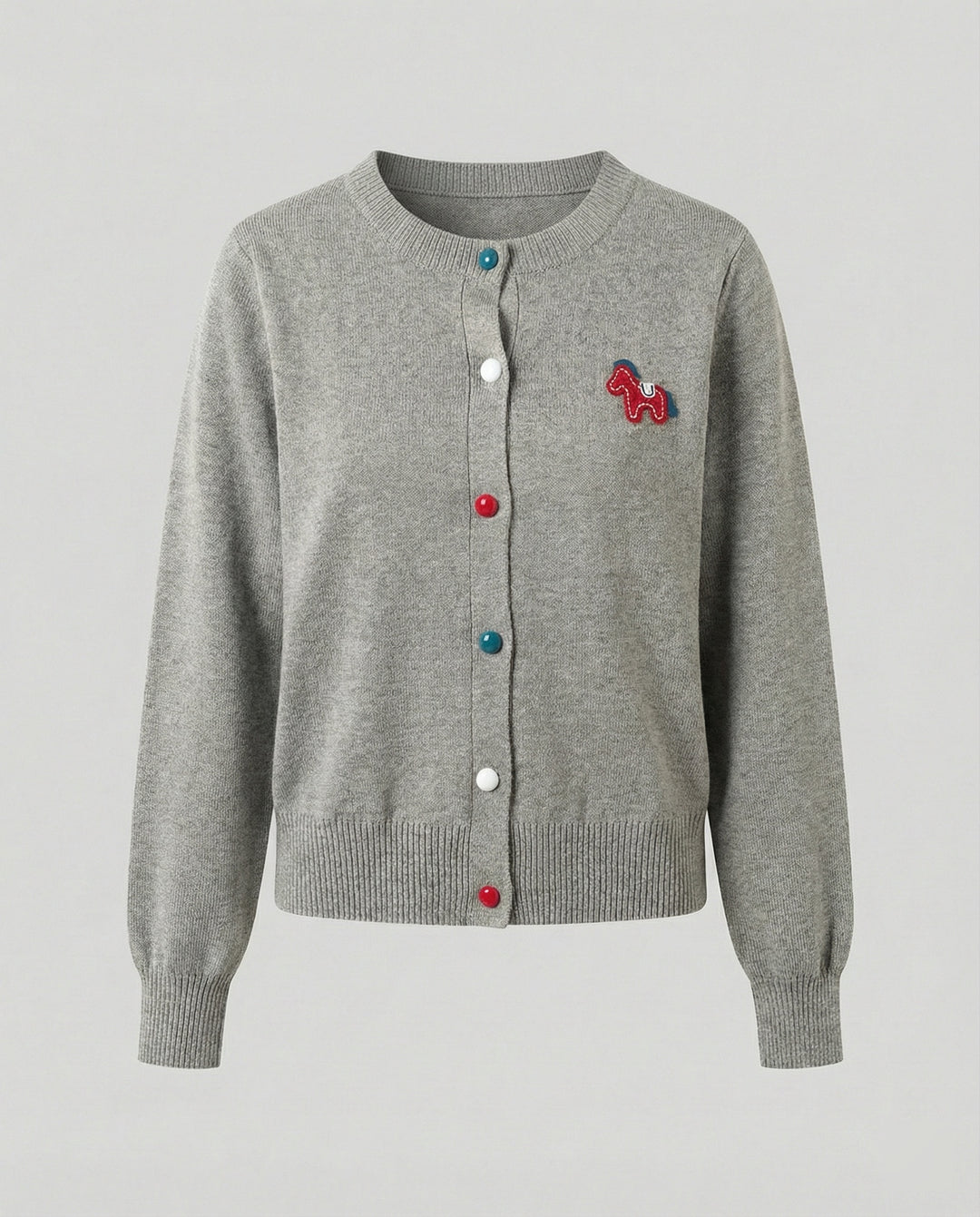 Damen Feinstrickcardigan mit Rundhalsausschnitt, geripptem Saum und Pferde-Applikation R&B