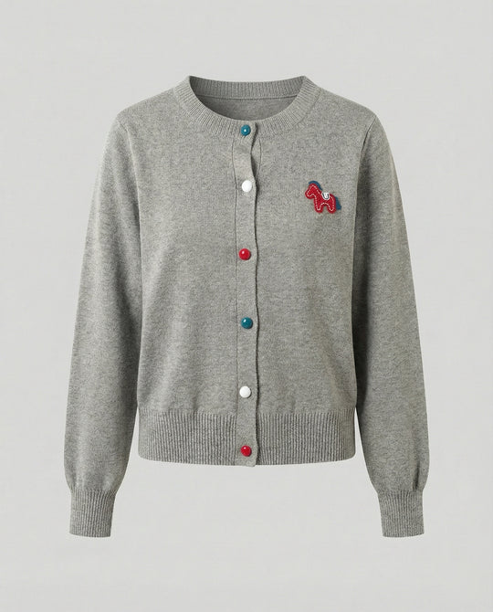 Damen Feinstrickcardigan mit Rundhalsausschnitt, geripptem Saum und Pferde-Applikation R&B