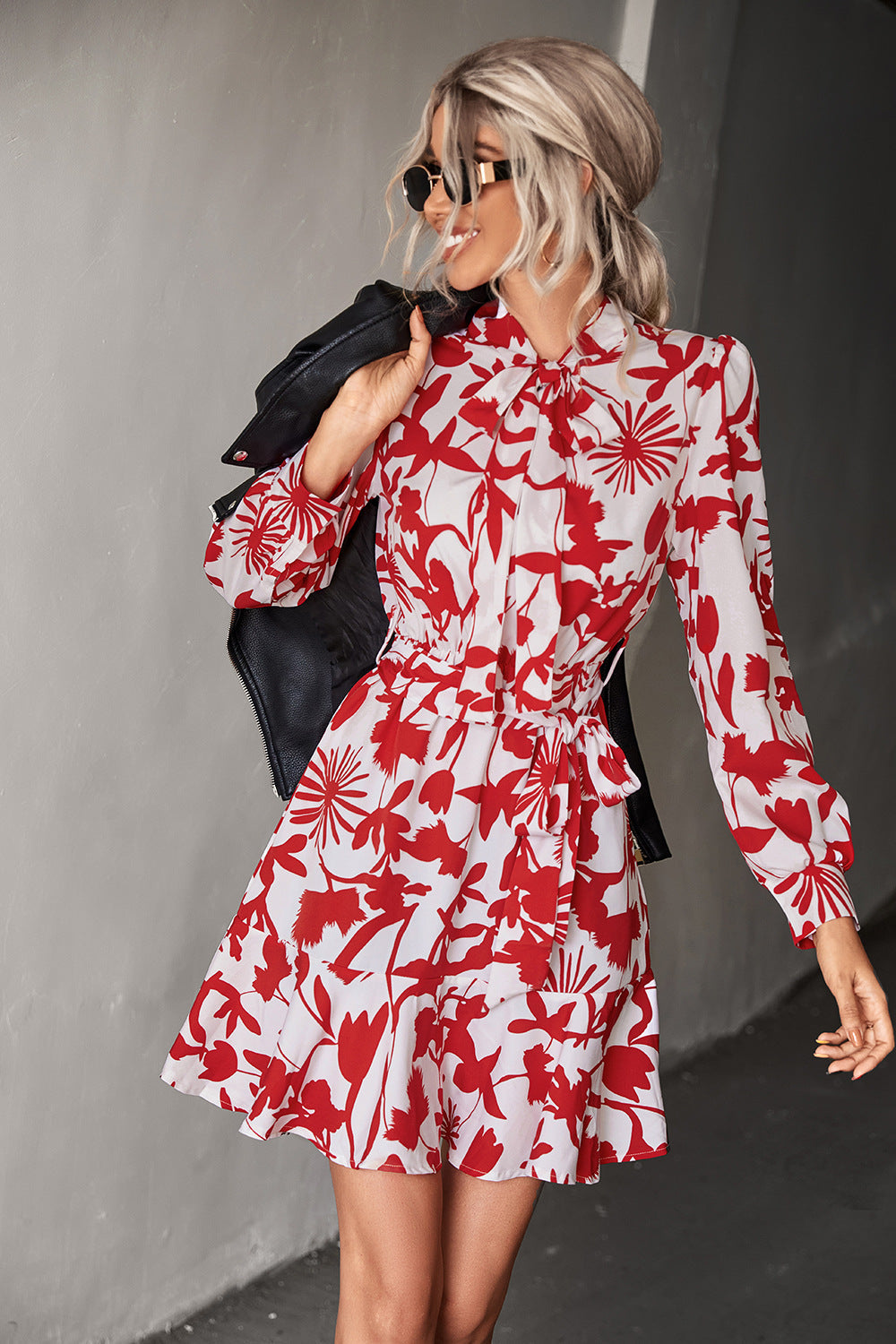 Damen Kleid mit hochgeschlossenem Kragen und modischem Blumendruck R&B