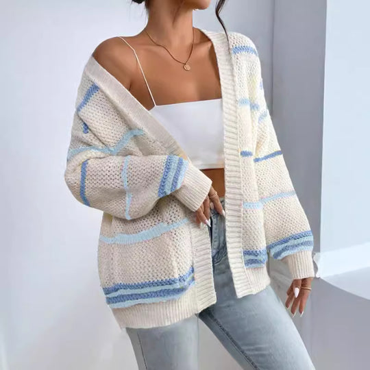 Damen gemütlicher Strickcardigan mit bunten Streifen R&B