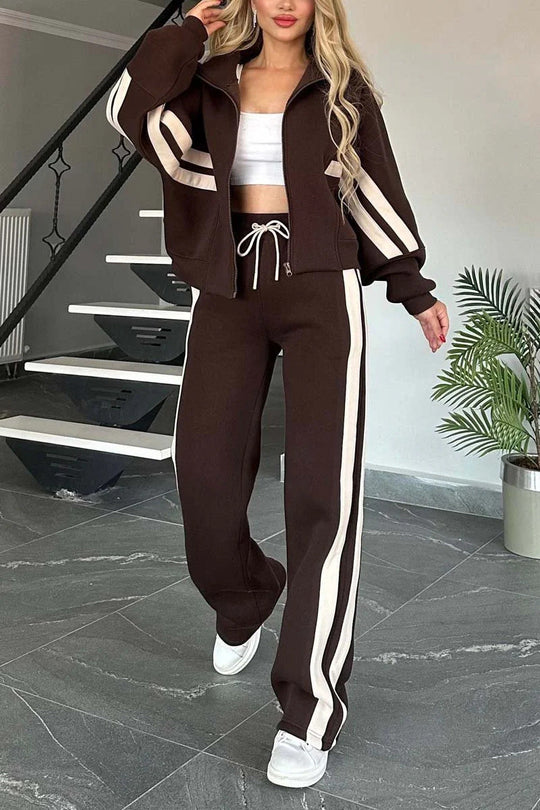 R&B | Gestreifte Zip up Cropped Sweatshirtjacke und Sporthose Zwei Teile Satz