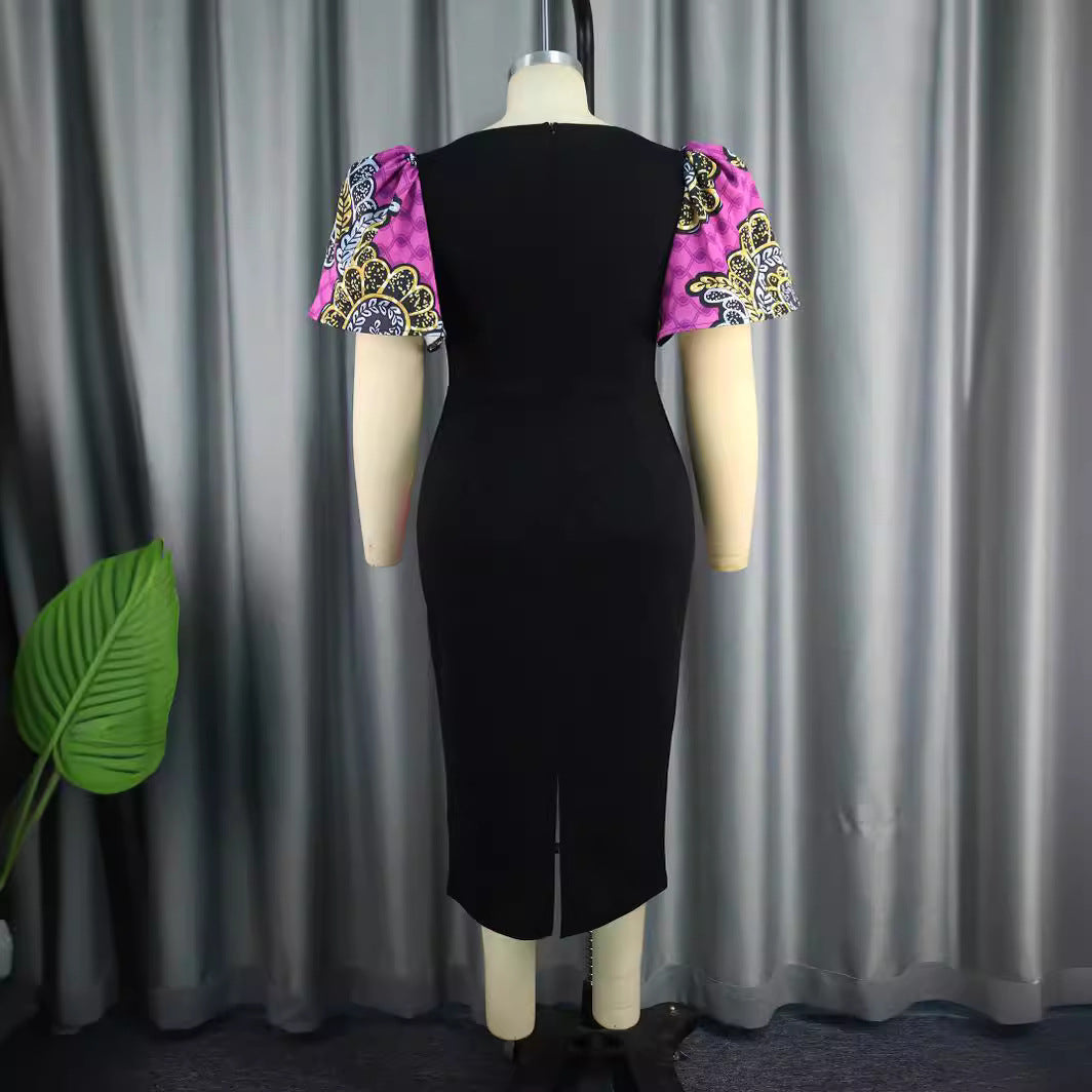 Damen figurbetontes Kleid mit bunten Puffärmeln und asymmetrischem Design R&B