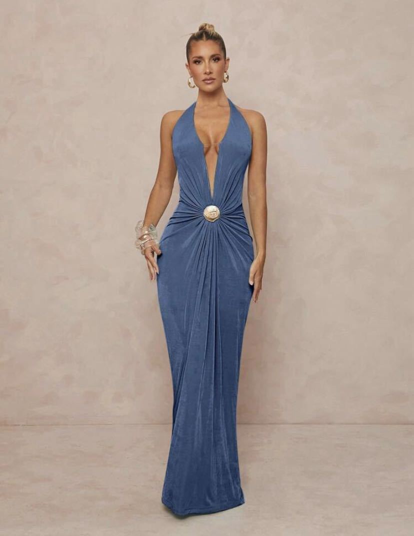 Damen Glamouröses Abendkleid mit tiefem V-Ausschnitt und eleganter Drapierung R&B