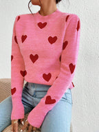 Damen nan kaschmirähnlicher Feinstrickpullover mit Allover-Herzmotiv, Rundhalsausschnitt und verlängerten Bündchen R&B