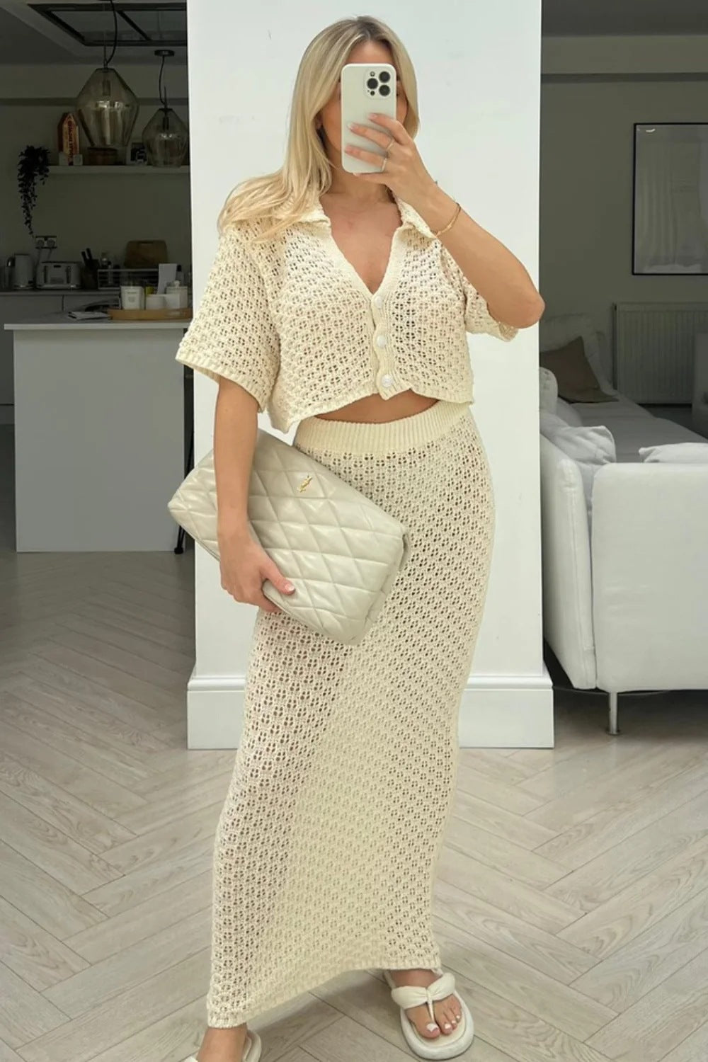 Damen Strick-Set mit offenem Cardigan und maxi Rock R&B