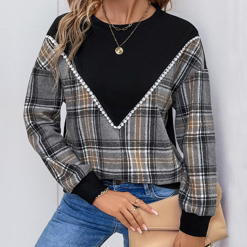 Damen bequemer Karopullover mit dekorativem V-Ausschnitt und elastischen Bündchen R&B