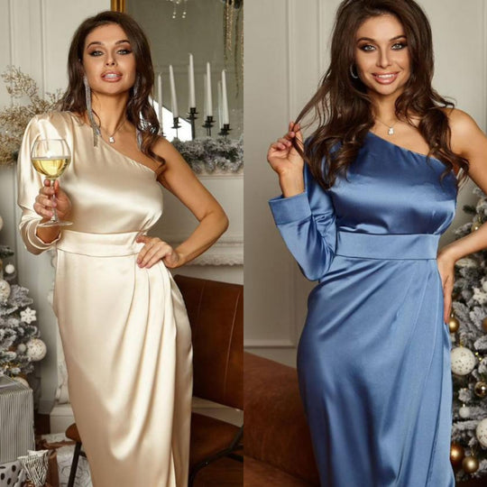 Damen Satin Abendkleid mit asymmetrischem Ausschnitt und eleganter Drapierung R&B