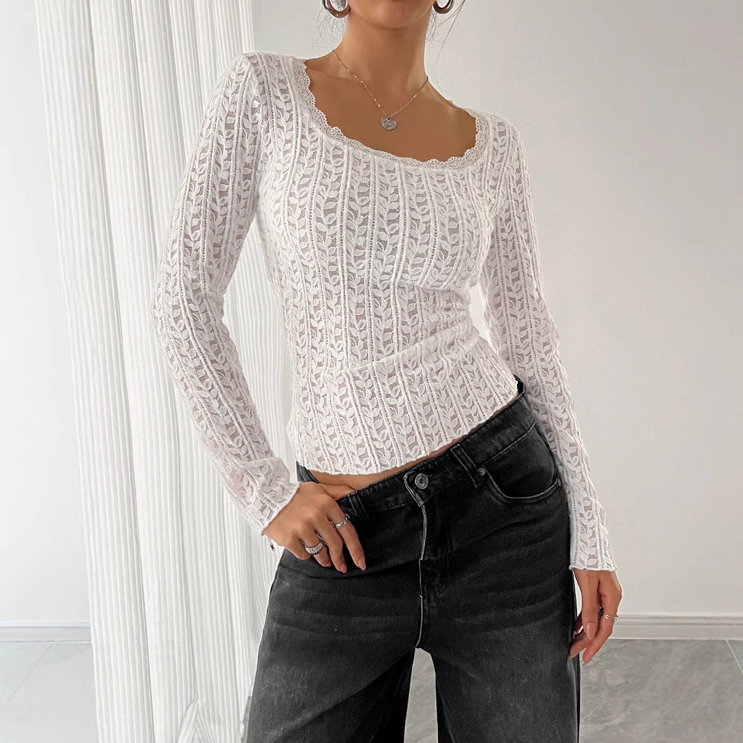 Damen nan figurbetontes Spitzen-Ajour-Langarmshirt mit Quadratausschnitt R&B