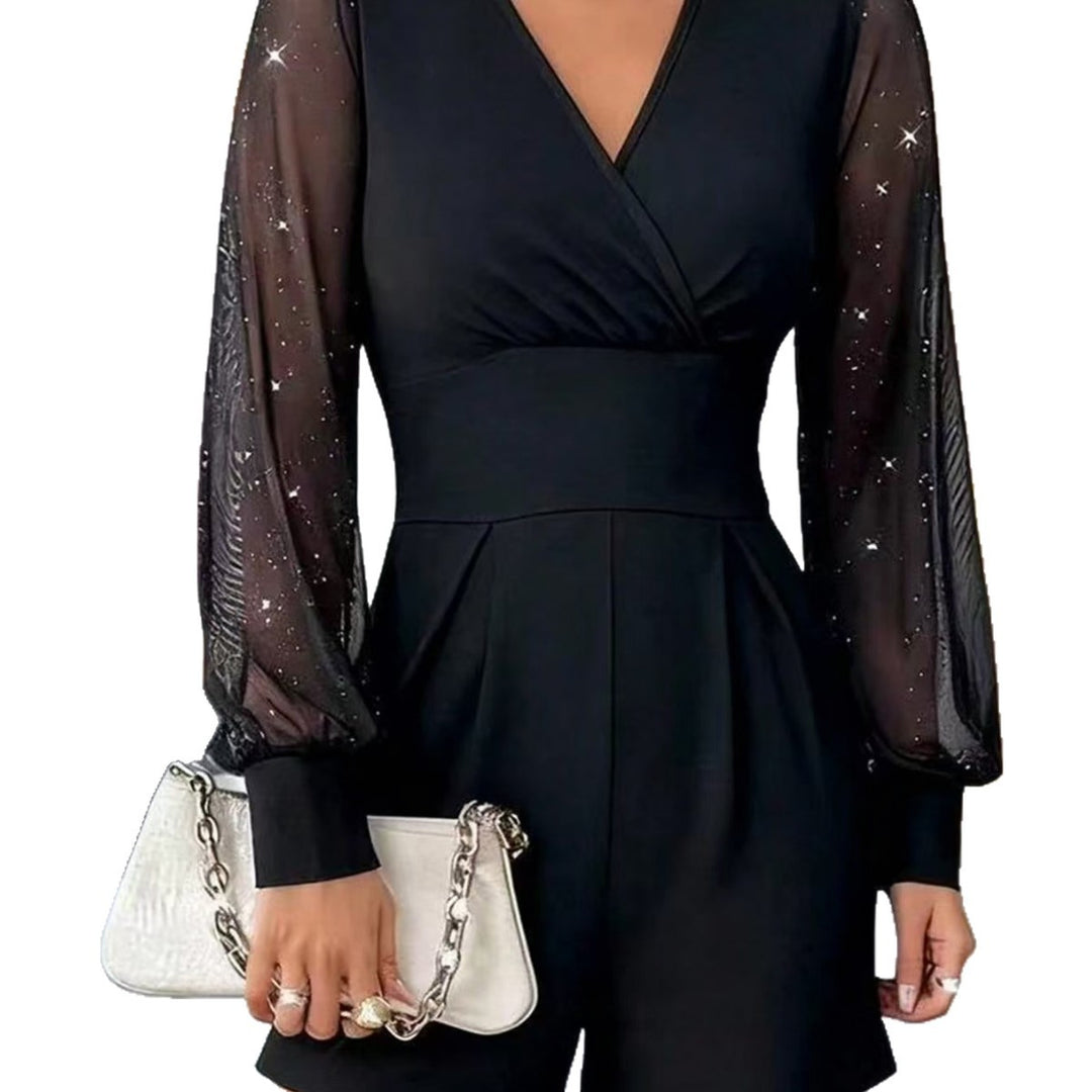 Damen eleganter Jumpsuit mit transparenten Puffärmeln und V-Ausschnitt R&B