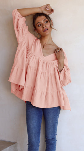 Damen Voluminöses Blusenshirt mit Rüschendetails und V-Ausschnitt R&B