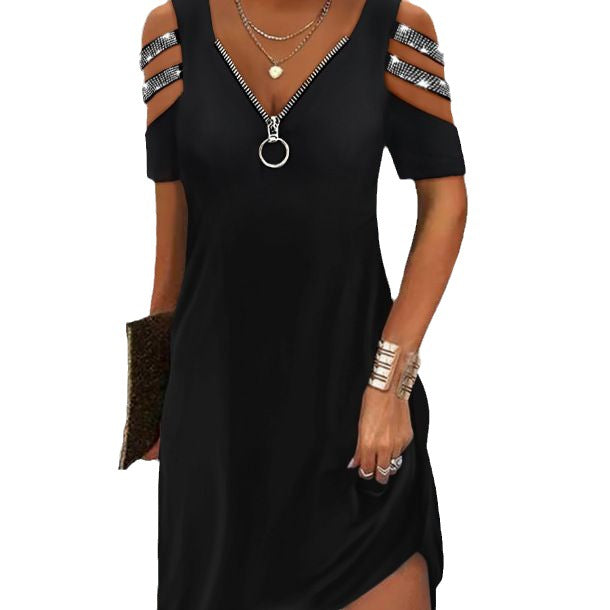 Damen lässiges Kleid mit V-Ausschnitt und Reißverschluss R&B