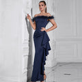Damen Elegantes Abendkleid mit abnehmbaren Federdetails und asymmetrischem Schnitt R&B