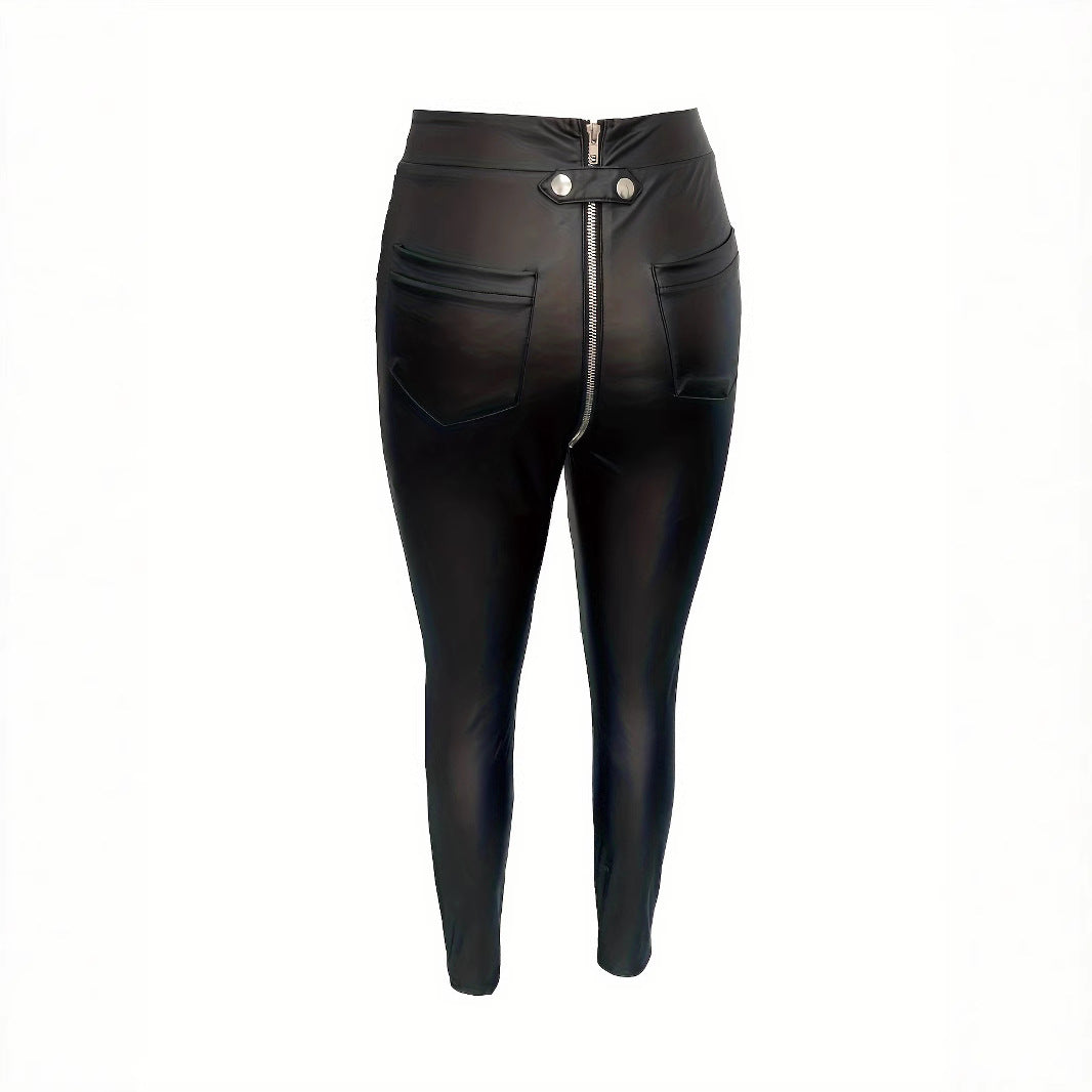 Damen Modische Kunstlederleggings mit Reißverschluss und Taillierung R&B
