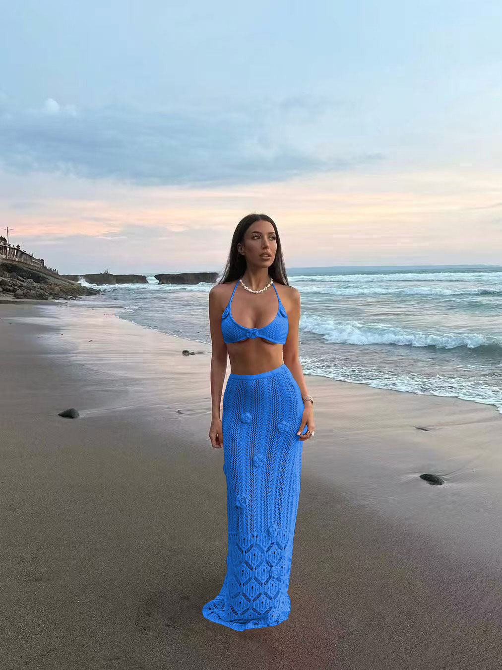Damen Häkel-Strandkleid mit Kapuzenshirt R&B