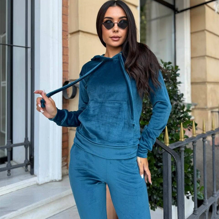 Damen lässiges Fleece-Jogginganzug-Set mit Kapuze und elastischem Bund R&B