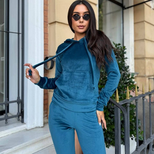 Damen lässiges Fleece-Jogginganzug-Set mit Kapuze und elastischem Bund R&B