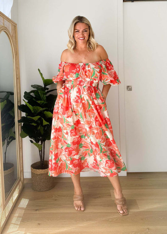 Damen Off-Shoulder Maxikleid mit floralen Mustern und elastischem Bund R&B