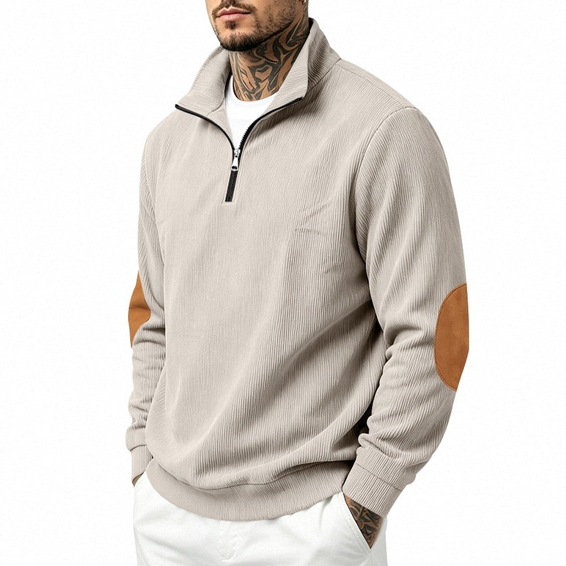 Herren nan Halbzip-Sweatshirt mit Stehkragen, feiner Waffelstruktur und Lederoptik-Ellenbogenpatchs R&B