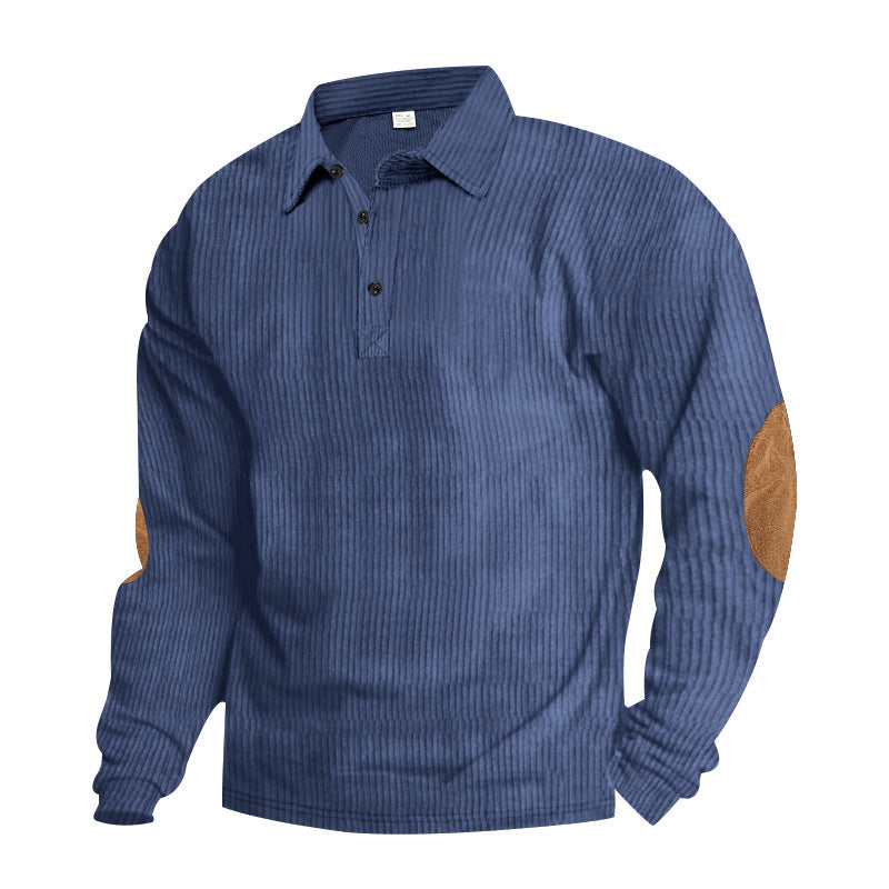 Herren nan schwerer gerippter Baumwoll-Polo-Pullover mit Kentkragen dreifach-Knopfleiste und Wildleder-Ellenbogenpatches R&B