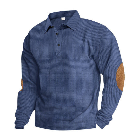 Herren nan schwerer gerippter Baumwoll-Polo-Pullover mit Kentkragen dreifach-Knopfleiste und Wildleder-Ellenbogenpatches R&B
