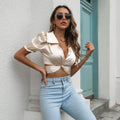Damen Satin Bluse mit Knoten und Puffärmeln R&B