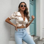 Damen Satin Bluse mit Knoten und Puffärmeln R&B