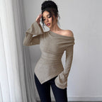Damen elegantes Ripp-Oberteil mit asymmetrischem Saum und schulterfreiem Design R&B