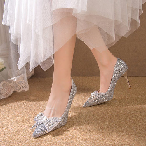 Damen glamouröse Glitzerpumps mit funkelndem Schleifenakzent R&B