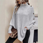 Damen Oversized Pullover mit hohem Kragen und dekorativem Zopfdesign R&B