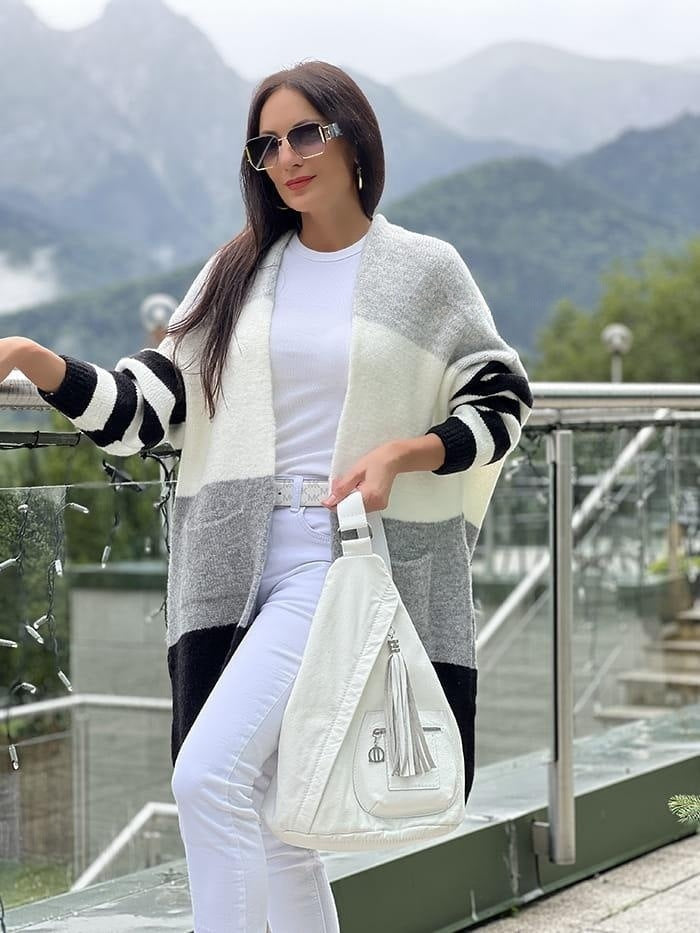 Damen lässiger Strickcardigan mit modischem Blockstreifenmuster und weitem Schnitt R&B