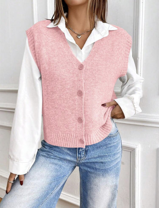 Damen Strickweste mit V-Ausschnitt und modischen Knöpfen R&B