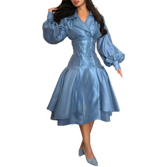 Damen Vintage-inspiriertes A-Linien-Kleid mit eleganten Puffärmeln und Knopfleiste R&B